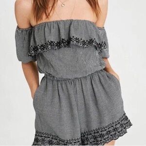 American Eagle Women's Black Gingham Puff Sleeve Romper